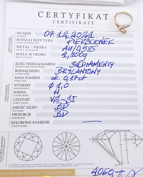 Złoty pierścionek pr. 585 z diamentami