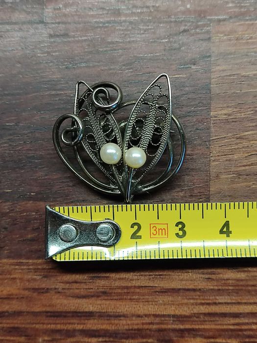 Stara broszka liść z perłami filigran handmade vintage retro