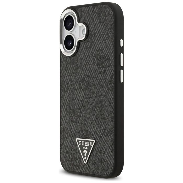 Guess Nakładka Magsafe 4G PU Leather Case With Triangle Logo And Silver Metal Camera Frame Do iPhone 17 Czarna