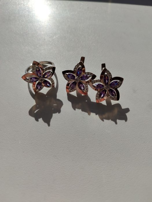 Набір колечко 17-17,5 та кульчики срібло із золотими пластинами