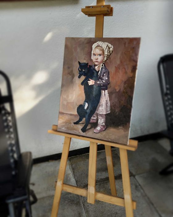 Dziecko z kotem. Olej na płótnie 30x40cm