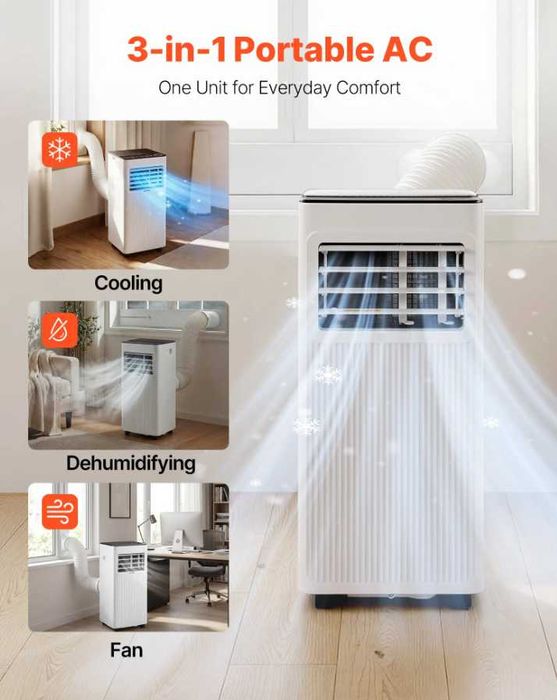 Ar condicionado portátil 9000 BTU, unidade de frio vertical 3 em 1 controlo remoto modos de frio/desumidificação/ventilador