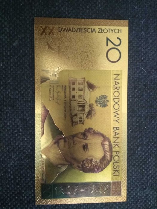 Banknot kolekcjonerski pozłacany - 20 zł Juliusz Słowacki