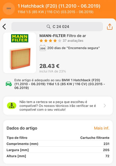 Filtro de ar para BMW