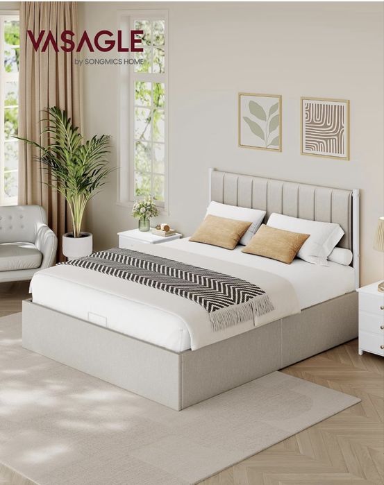 RAMA ŁÓŻKA VASAGLE RAMA ŁÓŻKA 160 x 200 cm Składana podstawa z listew pod łóżkiem Zagłówek / Cappuccino Beige