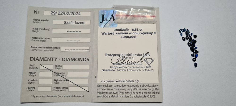 Zestaw naturalnych szafirów z certyfikatem