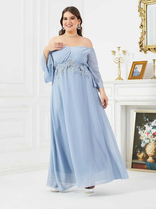 Елегантна вечірня шифонова сукня великого розміру (plus size) для подружки нареченої у ніжних сіро-блакитних тонах 50-52 розмір