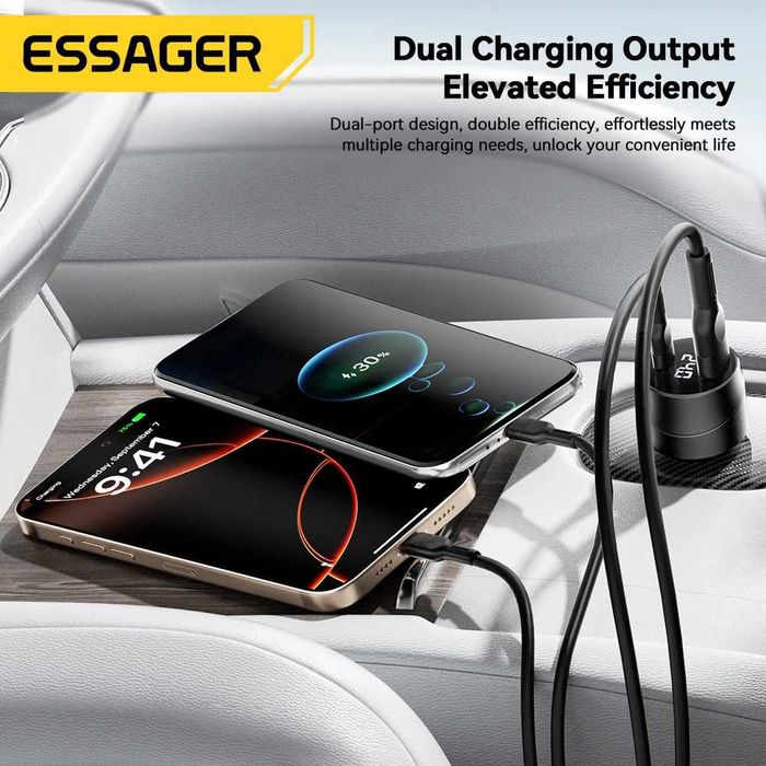 Потужний Автомобільний зарядний пристрій Essager 140W LED (Type-C + USB) Метал, Вольтметр. Автозарядка з Вольтметром. Надійна зарядка