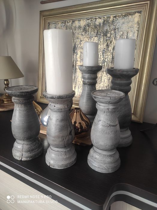 Świeczniki drewniane toczone vintage rękodzieło