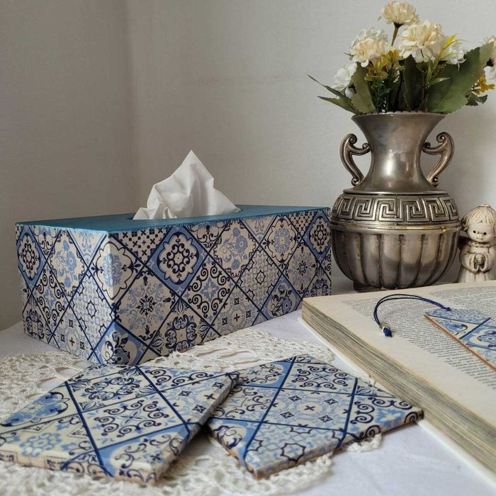 Pudełko na chusteczki prostokątne Pojemnik Imitacja płytki Azulejo
