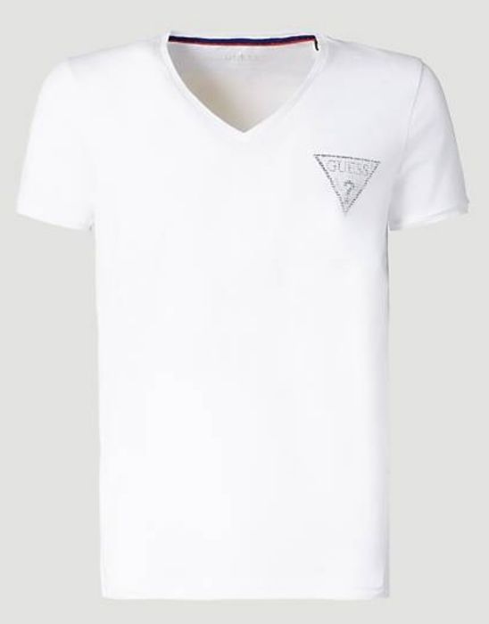 Biały tshirt z trójkątnym logo Guess S, nowy z metkami w pudełku, oryg