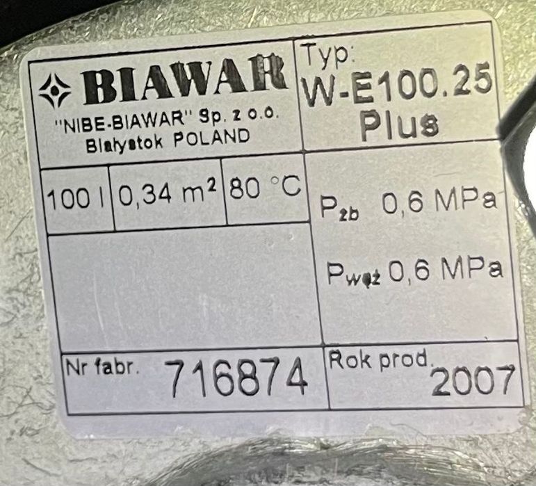 Zbiornik na wodę, bojler Biawar 100 L, W-E 100.25 Plus.