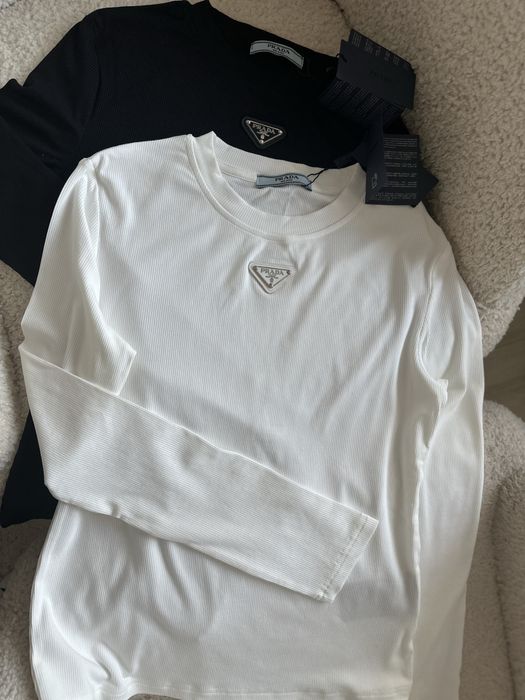 Лонгслів лонг в рубчик чорний білий Прада Prada S M L XL