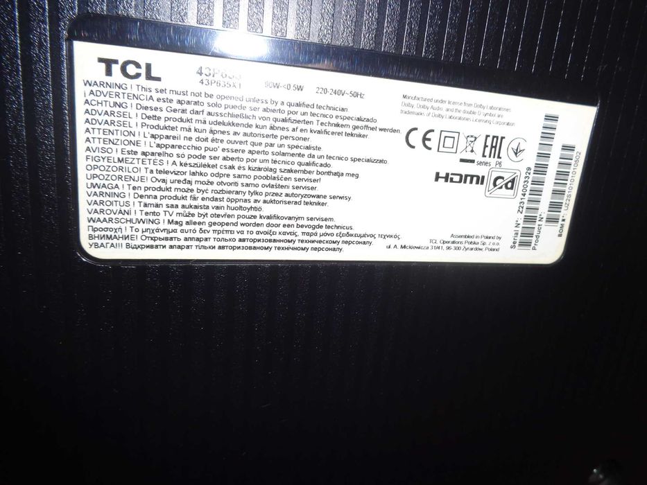 Telewizor  Lcd TCL 43P635 QLED 4K części zasilacz płyta