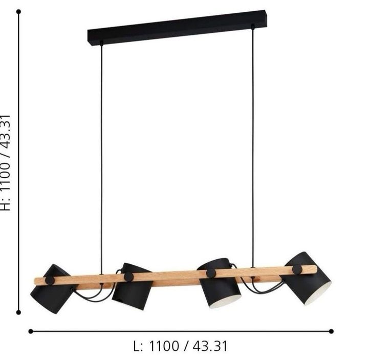 Lampa wisząca LOFT / Skandynawska – drewno i czarnalub biała , 4 punkty, Okazja ! 110 cm długości .