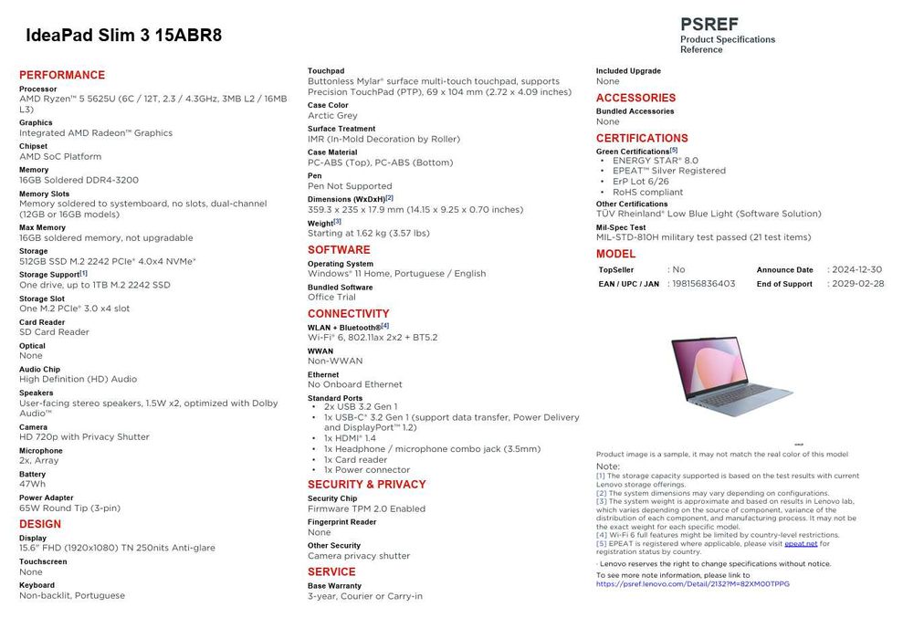 Portátil Lenovo IdeaPad Slim 3 - Ryzen5 - Ecrã 15.6 - 512GB/16GB MBRAM