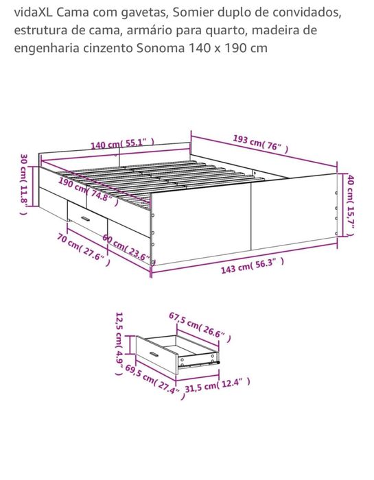 Cama Vida XL, com gavetas - cor branca - 140x190cm