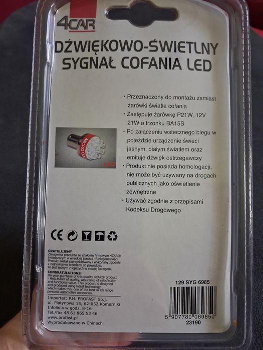 Żarówka cofania LED P21W BA15s z dźwiękiem SYGNAŁ COFANIA 12V 4CAR NOWA.