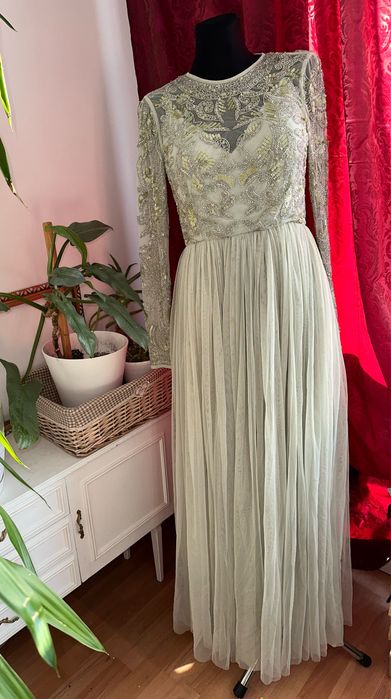 Szałwiowa sukienka maxi zdobiona cekinowa tiulowa m 38 asos L 40