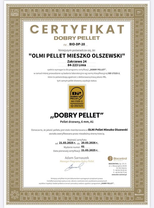 Pellet PRODUCENT "OLMI CZARNY" - Certyfikat "Dobry Pellet" - Pelet 6mm