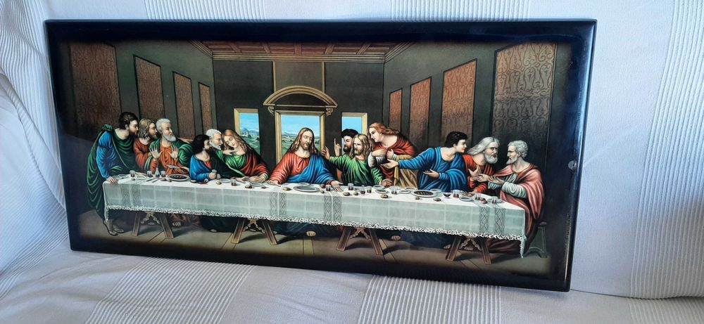 Última Ceia de Cristo (quadro antigo em madeira lacada)