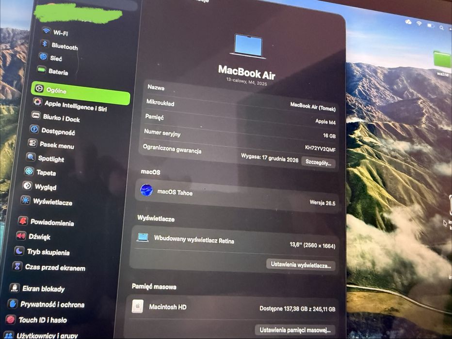 MacBook Air M4 13,6” 16/256GB Midnight | 100% bateria | Gwarancja Apple | Jak nowy