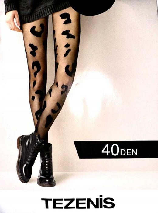 TEZENIS S/M 36 38 czarne rajstopy w zwierzęcy wzór cętki 40den  1/2
