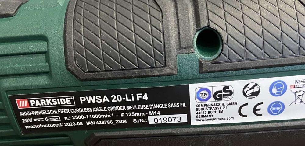 Нова оригінал акумуляторна болгарка з Німеччини PARKSIDE PWSA 20/аккумуляторная угловая шлифмашина/кутова шліфмашинка