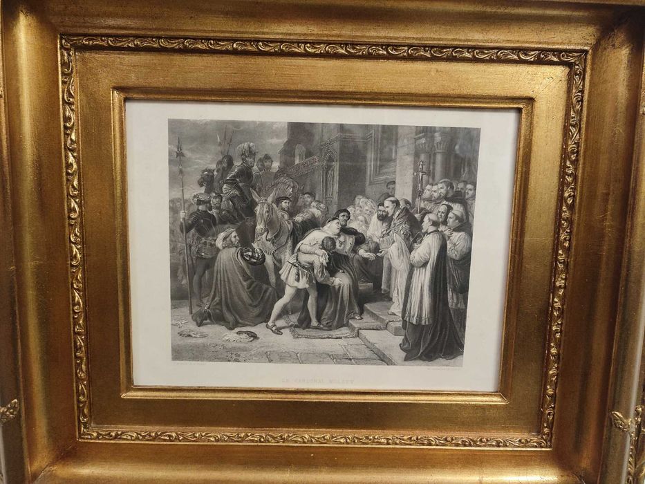 Quadro com moldura dourada e gravura preto e branco