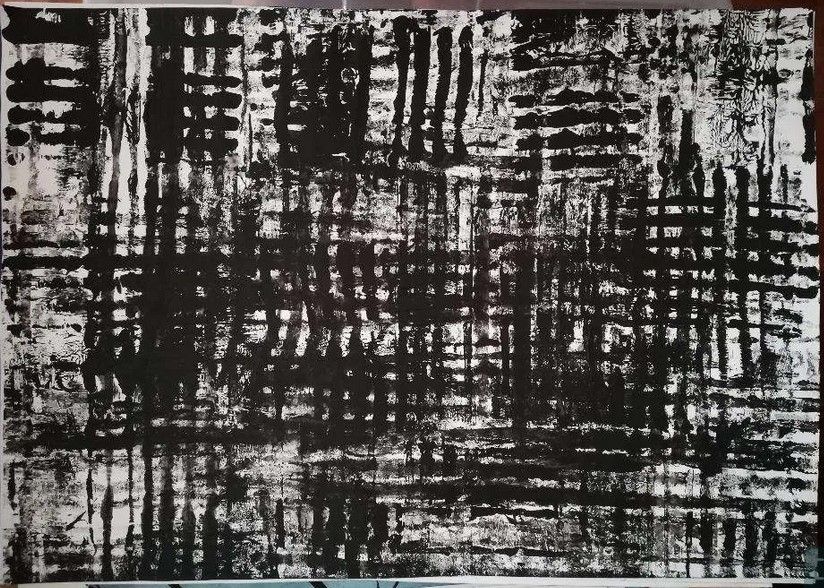 Pintura original acrílico abstracto linhas preto e branco 42 x 59,4 cm