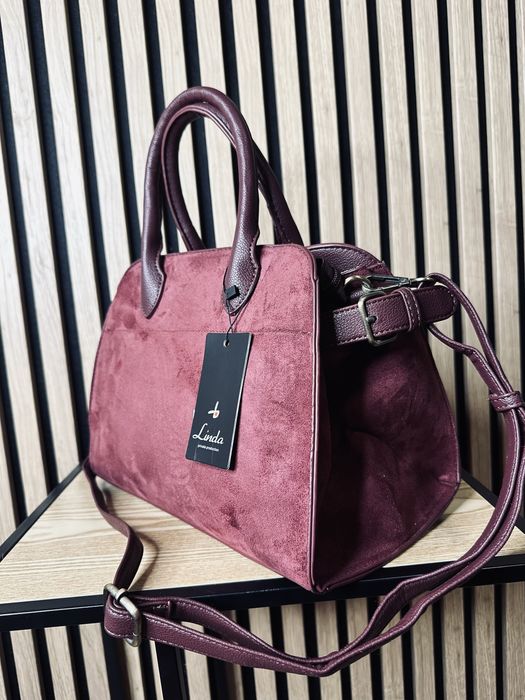 Nowa zamszowa torebka damska burgund bordowa kuferek