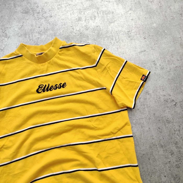 MĘSKA Koszulka Żółta Paski w Stylu RETRO Ellesse Haft Logo Casual