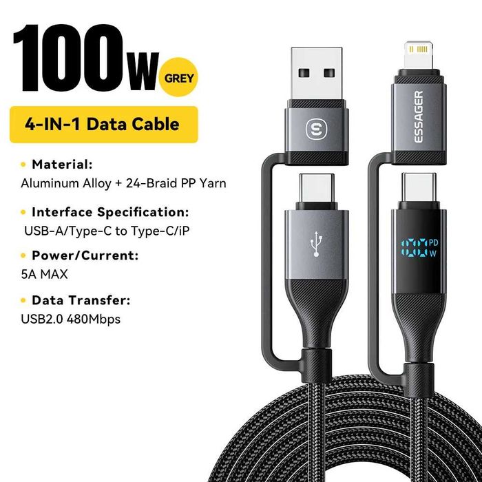 !Увага! Кабель 4в1 з дисплеєм 100W Type-C Lightning швидка зарядка iPhone 1м