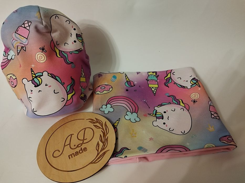 Komplet zestaw czapka komin bawełniany Kot jednorożec pushen