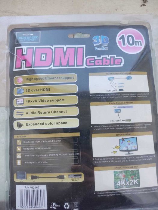 Кабель HDMI-HDMI with Ethernet v1.4 Viewcon 10m Black (VD 166-10)