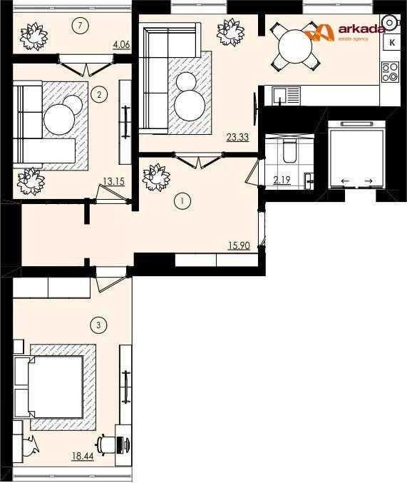 Продаж просторої 2-кімнатної квартири з кухнею-студією