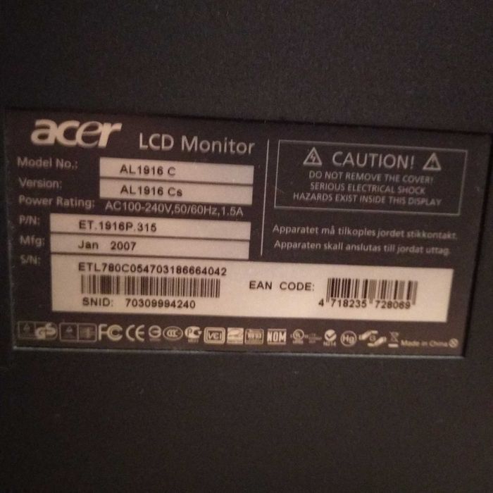 TN Монітор ACER AL 1916 Cs