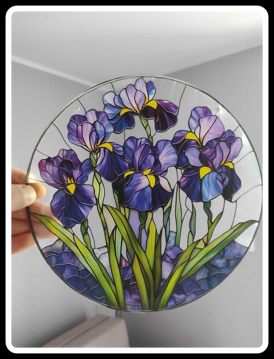 Nowy witraż witrażyk dekoracja okienna kwiaty irysy