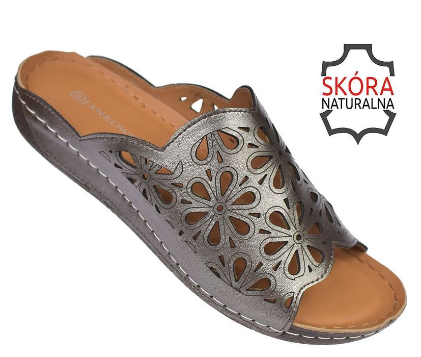 Klapki damskie skórzane srebrne JK/KL-3-221 rozm 41