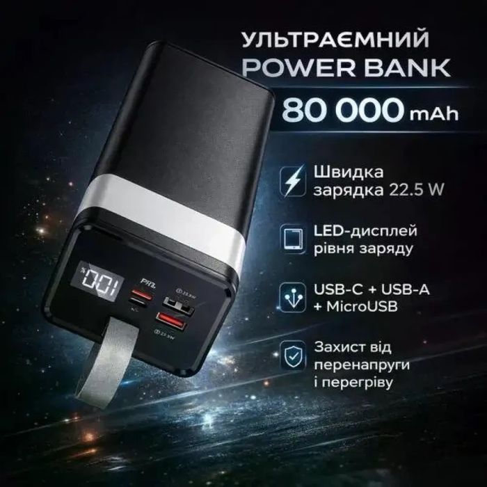 Power Bank Awei J86 80000mAh чорний • Повербанк Awei J86 80000mAh 22.5W зі швидким заряджанням PD/QC, дисплеєм і ліхтариком