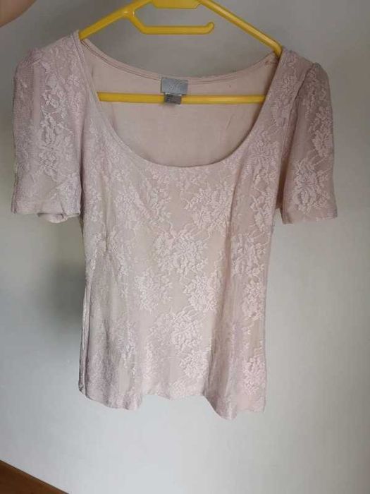 H&M bluzka jasny róż koronka r. S
