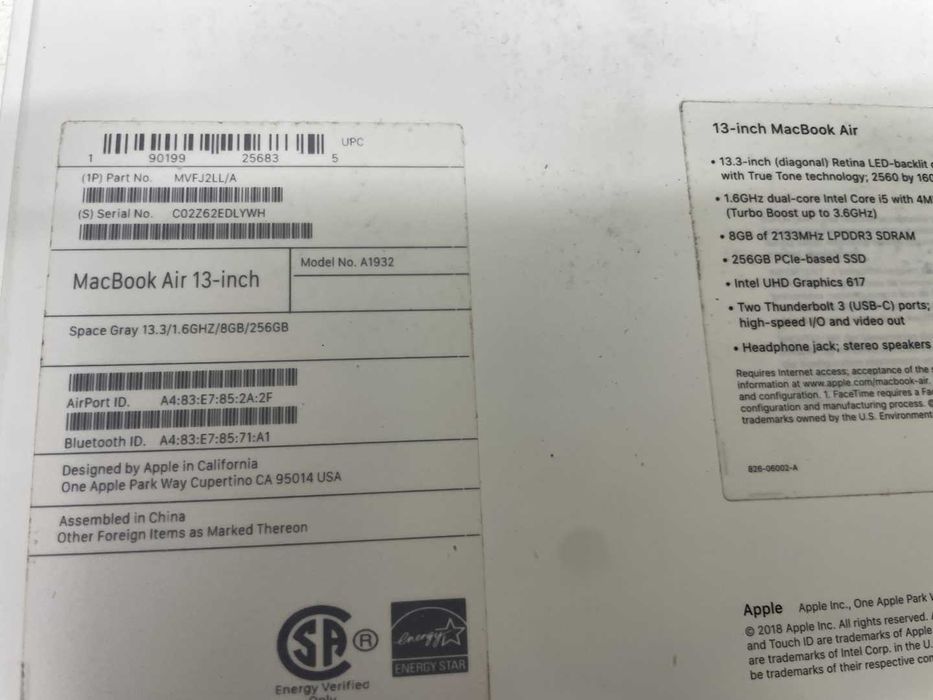 Ноутбук Apple MacBook Air 13" 2019 Retina (MVFJ2) core i5