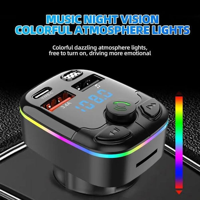 Transmiter FM szybka ładowarka Bluetooth audio MP3 BT 2X USB RGB USB-C