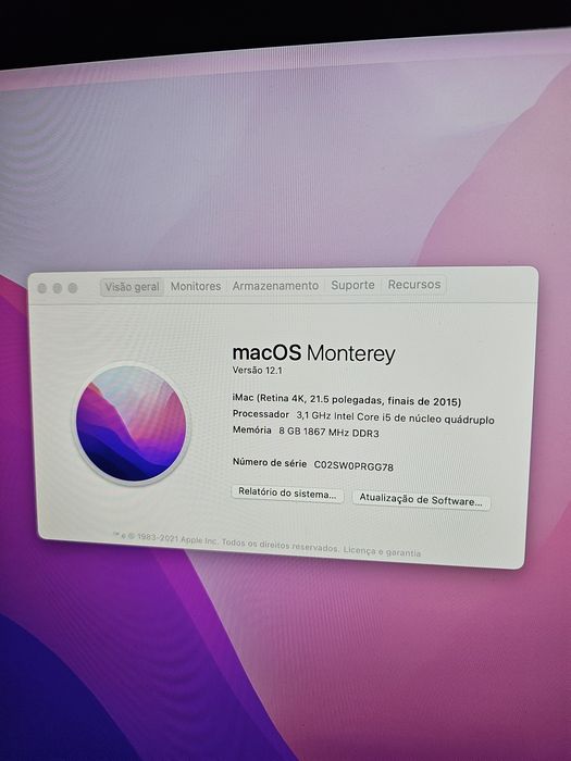 iMac 21.5" Retina 4K (Final 2015) i5 3.1GHz / 8GB RAM + Teclado e Rato Apple