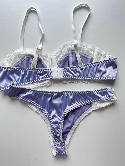 Komplet stanik satyna satynowy koronka fioletowy