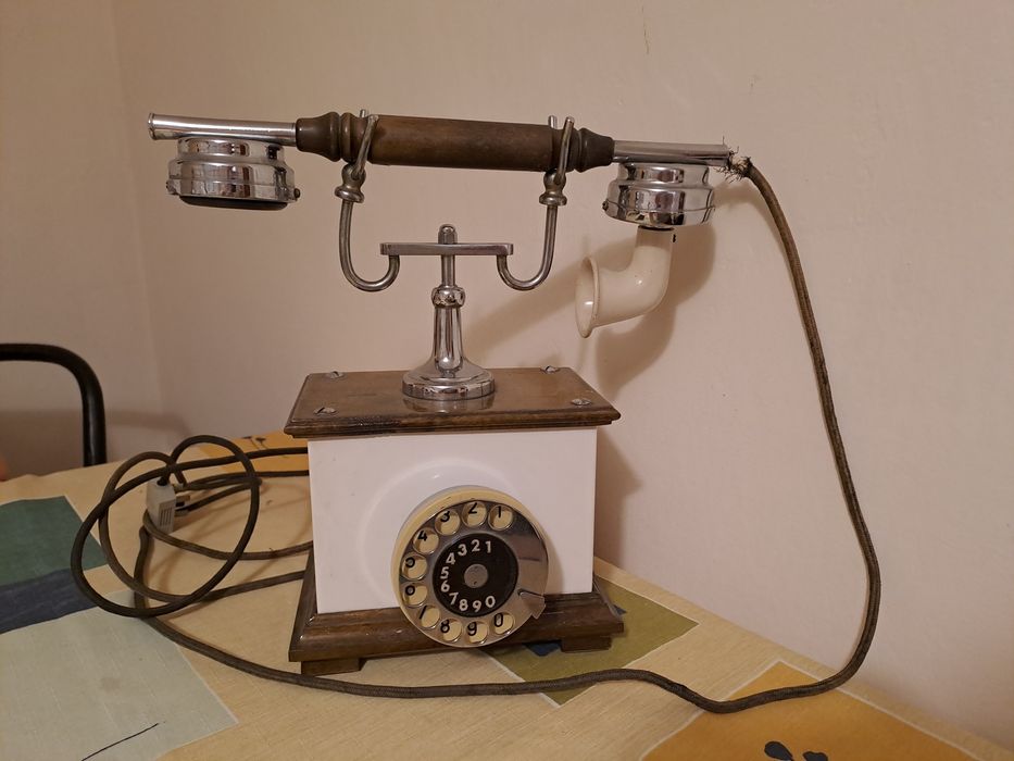 Stary Telefon Stacjonarny Tarczowy Retro Drewno Chrom