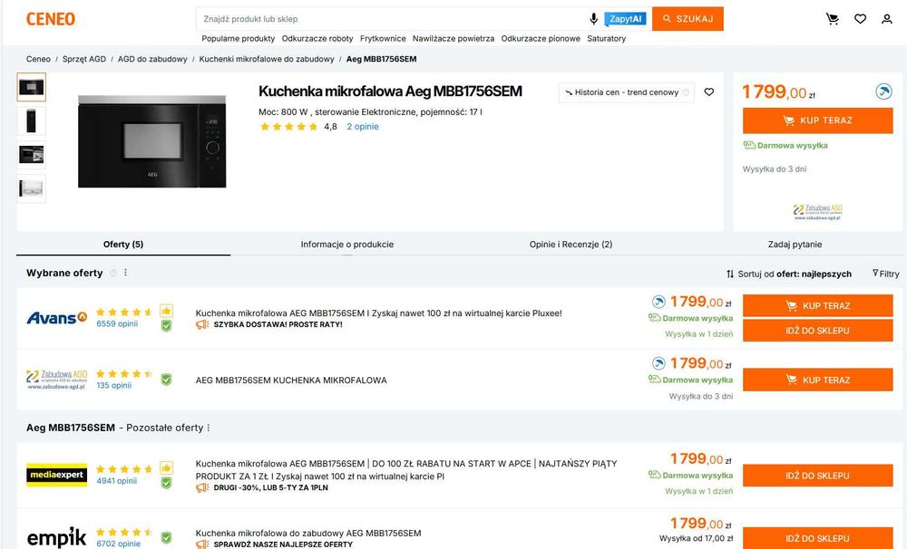 Kuchenka mikrofalowa do zabudowy AEG MBB1756SEM | 60cm | 17L | gw12mcy