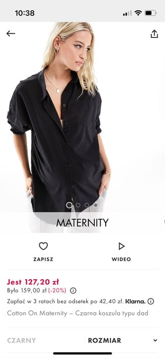 Czarna bawełniana koszula ciążowa XS – idealny stan