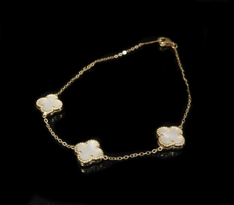 Złoto 585-złota bransoletka z koniczynkami masa perłowa