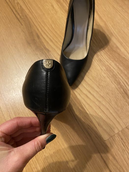 Czarne skorzane szpilki buty na obcasie zebra